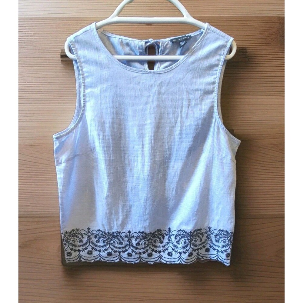 SAKS FIFTH AVENUE Sleeveless Top XL Blouse Tank White Blue Striped Scallop Shirt